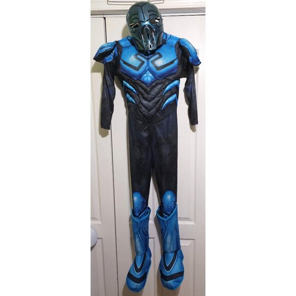 Blue Beetle Muscle Costume Jumpsuit with Generic Warrior Mask Superhero Boys LG - Picture 1 of 9